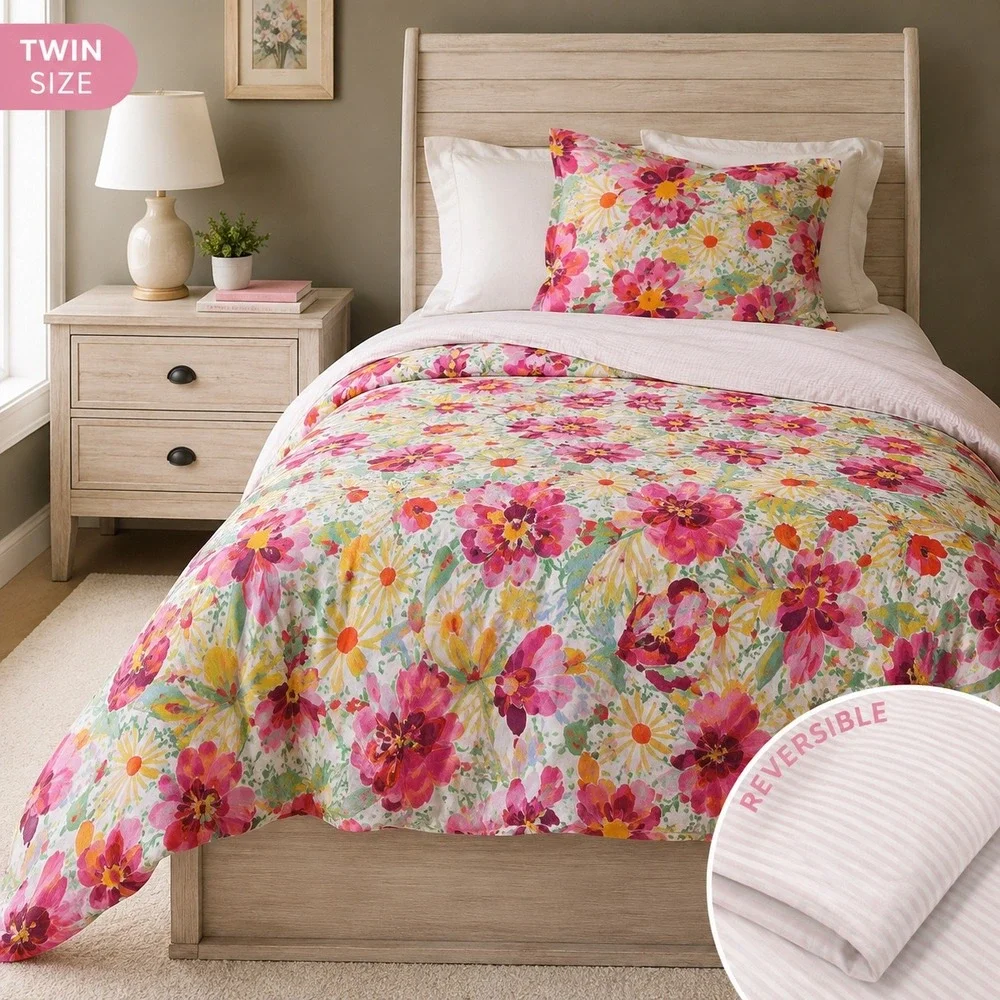 Opalhouse Twin Duvet Cover Pink Yellow Floral Reversible Stripe 100% Cotton Boho
